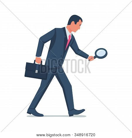Businessman With A Magnifying Glass Follows The Trail. Search For The Loss. Look Through A Lupe. Vec