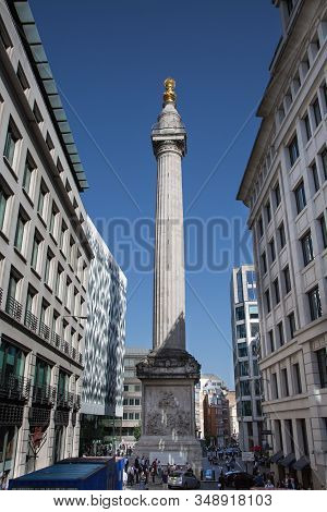 London, United Kingdom- June 2019: Modern-day View Of The Monument To The Great Fire Of London Flute