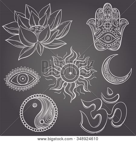 Spiritual Symbols Vector Illustration. Hamsa Hand, Lotus Flower, Evil Eye, Moon, Sun, Yin-yang And O