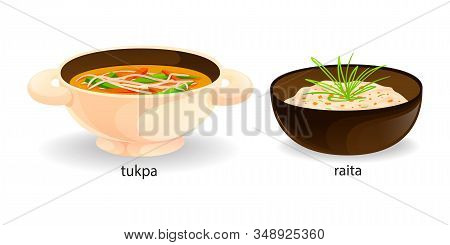 Traditional Indian Dish Tukpa, Raita Sauce Vector