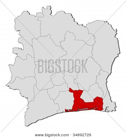 Mapa da Costa do Marfim, lagunas destacadas