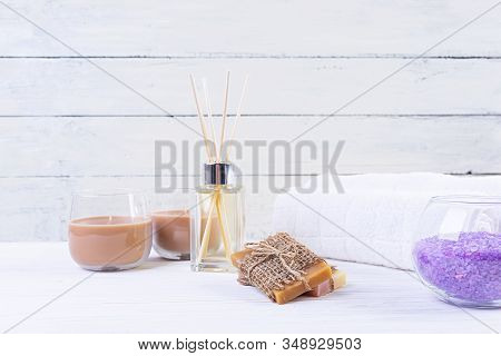 Bathroom Accessories. Spa And Beauty Theatment Products. Concept Of Natural Spa Cosmetics And Organi