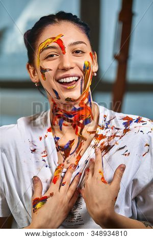 Beauty Art Concept, Portrait Of A Young Girl Painted With Different Colors Of Paint. Color Demos, Co