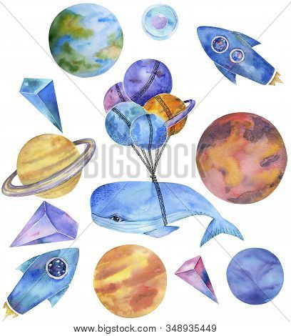 Space Whale Watercolor Fantasy Whale On Milky Way Solar System Flying Blue Rockets Planents Earth Ch