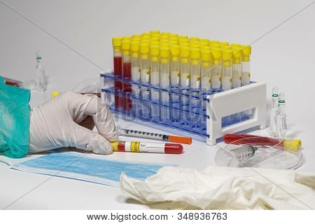 Microbiology Lab Medical Biological Virus Concept Equipment. Chemist With Protective Uniform & Glove