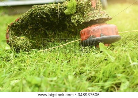 Trimmer Close Up Mow The Grass With A Lawnmower. Gardening With A Brush Cutter Close-up. Lawn Care W