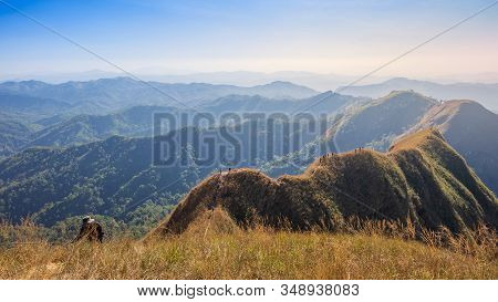 Beautiful Mountain With Trekkers In Sunset At Thong Pha Phum National Park Kanchanaburi Of Thailand 