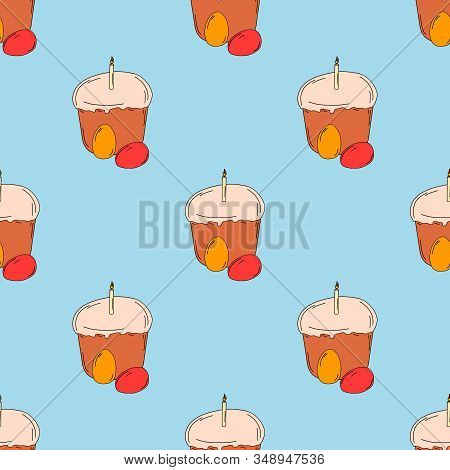Spring Easter Cake With Eggs And A Candle.drawing With Your Hand Using A Line. On A Blue Background.