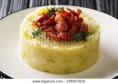 Trinxat Spanish And Andorran Dish Spicy Mashed Potato Cabbage Topped With Fried Bacon Closeup In A P