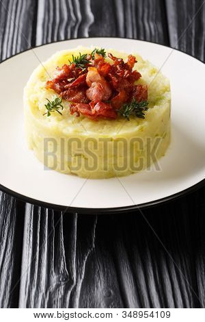 Andorian Cuisine Trinxat Spicy Mashed Cabbage Potato Topped With Fried Bacon Closeup In A Plate. Ver