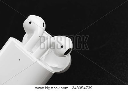 Air Pods. With Wireless Charging Case. New Airpods 2019 On Black Background.- Image .