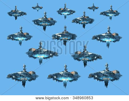 3d Rendering Collage Of Ufo Spaceship Instances, Isolated On Sky Blue With The Clipping Path Include