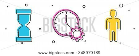 Set Old Hourglass With Flowing Sand, Time Management And User Of Man In Business Suit Icon. Vector
