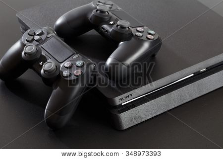 Russia, Oktober 24 2019: The New Sony Dualshock 4 With Playstation 4. Sony Playstation 4 Game Consol