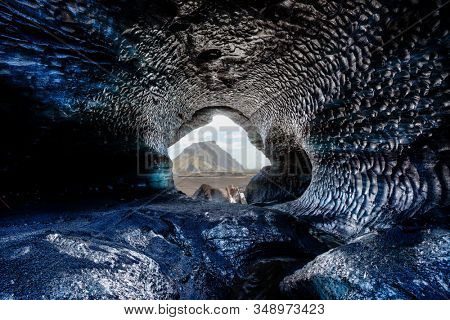 Blue crystal ice cave, underground beneath the glacier in Iceland, Europe