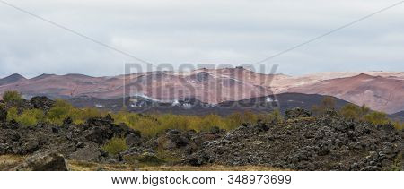 Typical icelandic landscape with black stones mountains, Iceland, Europe