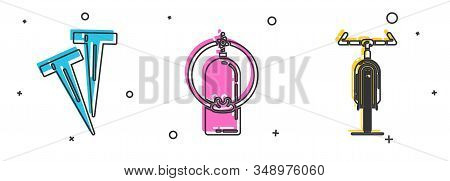 Set Pegs For Tents, Aqualung And Bicycle Icon. Vector