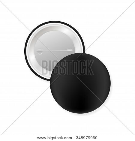 Pin Badges. Black Round Blank Button. Souvenir Magnet Badging Mockup. Vector Stock Illustration.