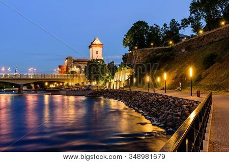 Beautiful Night View Of Narva Castle, Estonia
