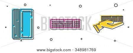 Set Deck Of Playing Cards, Deck Of Playing Cards And Hand Holding Deck Of Playing Cards Icon. Vector