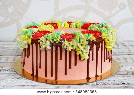 Birthday Cake With Flowers Rose On White Background