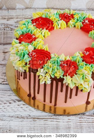 Birthday Cake With Flowers Rose On White Background