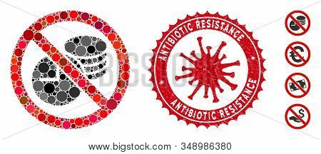 Mosaic No Credit Time Icon And Red Rounded Rubber Stamp Seal With Antibiotic Resistance Caption And 