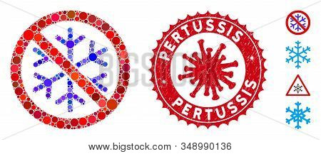 Mosaic No Snowflake Icon And Red Rounded Rubber Stamp Seal With Pertussis Phrase And Coronavirus Sym