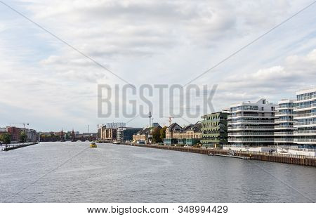 Berlin, Germany- October 6, 2019: View Of The Oberbaunum Bridge And Tv Tower And The Spree River Emb
