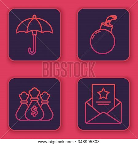 Set Line Umbrella, Money Bag, Bomb Ready To Explode And The Arrest Warrant. Blue Square Button. Vect