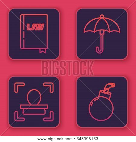 Set Line Law Book, Face Recognition, Umbrella And Bomb Ready To Explode. Blue Square Button. Vector