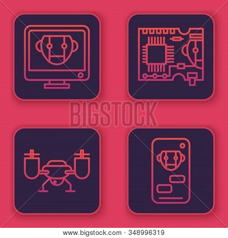 Set Line Bot, Drone Flying With Action Camera, Printed Circuit Board Pcb And Bot. Blue Square Button