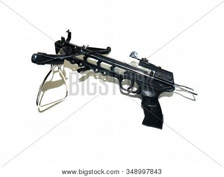 Sports Crossbow On A White Background. Shot From A Crossbow. Isolated Black Little Crossbow. View Fr