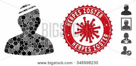 Mosaic Patient Icon And Red Round Grunge Stamp Seal With Herpes Zoster Text And Coronavirus Symbol. 