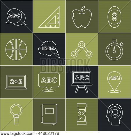 Set Line Head With Gear Inside, Alphabet, Stopwatch, Apple, Idea, Speech Bubble, Basketball Ball, An