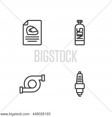 Set Line Car Spark Plug, Automotive Turbocharger, Racing Helmet And Nitrous Oxide Icon. Vector