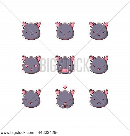 Collection Of Funny Cute Cat Emoticon Characters In Different Emotions. Illustration