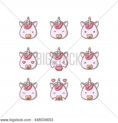 Collection Of Funny Cute Unicorn Emoticon Characters In Different Emotions. Illustration