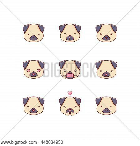 Collection Of Funny Cute Pug, Dog Emoticon Characters In Different Emotions. Illustration