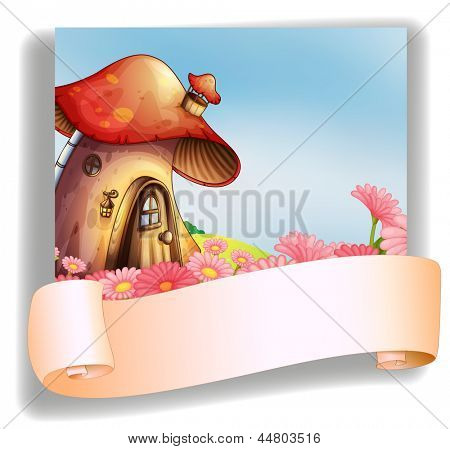 Illustration af en champignon hus med en skiltning på en hvid baggrund