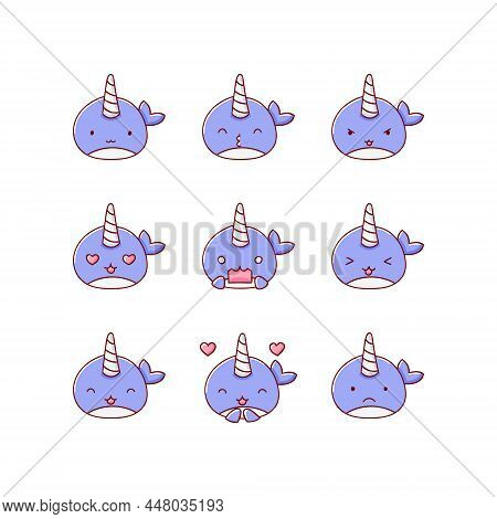 Collection Of Funny Cute Narwhal Emoticon Characters In Different Emotions. Illustration