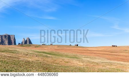 Panorama Of Flat Land On A Seiser Alm Plateau With Punta Euringer Mountain Peaks. South Tyrol, Italy