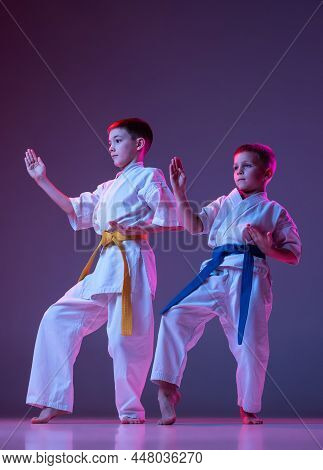 Two Sportive Kids, Little Boys, Taekwondo Or Karate Athletes In Doboks Posing Isolated On Very Peri 