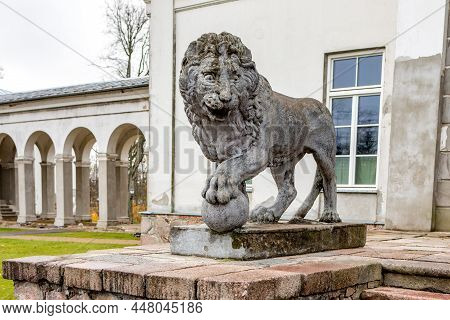 Birzai, Lithuania - October 24, 2021: Medici Lions Sculptures At The Entrance To The Astravas Manor 