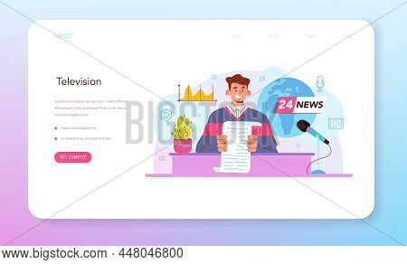 Tv Presenter Web Banner Or Landing Page. Television Host In A Studio