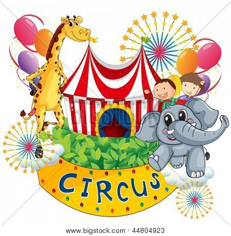 Illustration af et cirkus show med børn og dyr på en hvid baggrund
