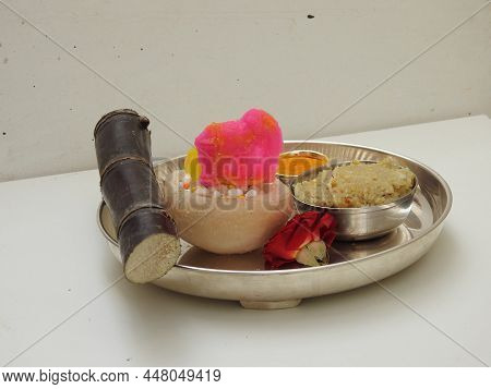 Group Of Pongal Or Makara Sankranti Festival Foods In A Silver Plate Isolated On White Background