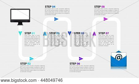 Infographic Template With 8 Options Or Steps. Mailing Process. Can Be Used For Workflow Layout, Diag