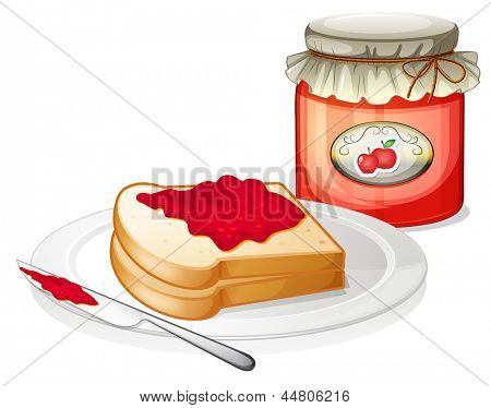 Abbildung einer Apfel-Marmelade mit einem Sandwich in die Platte auf einem weißen Hintergrund