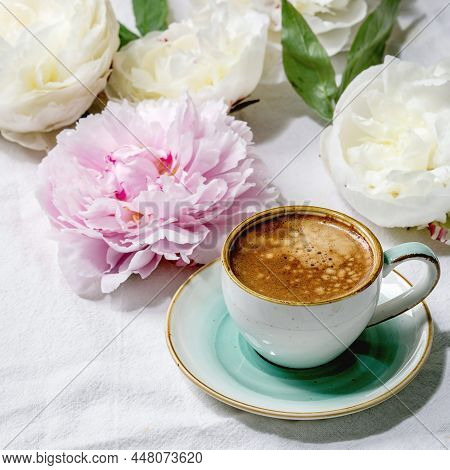 Cup Of Espresso Coffee, Pink And White Peonies